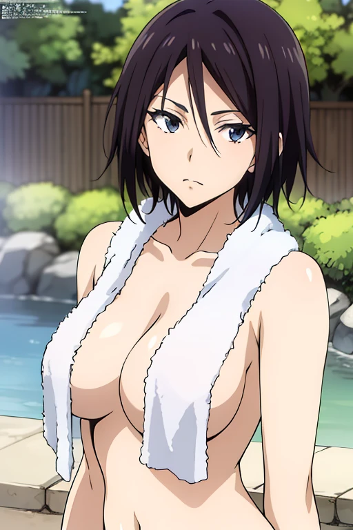(anime cels style, Masterpiece, best quality, high resolution, anime colored, megami magazine:1.2, anime poster style, anime keyvisual, sharp, 8k, photorealistic), (beautiful eyes:1.5), sakaguchihinata\(ttigraas\), 1girl, cute, black hair, very short hair, large breast, cleavage, no bra, (Towel over breasts:1.5), (upper body, sitting), (perfect detailed anatomy, perfect arms, perfect fingers, beautiful face, perfect body, shiny skin), onsen