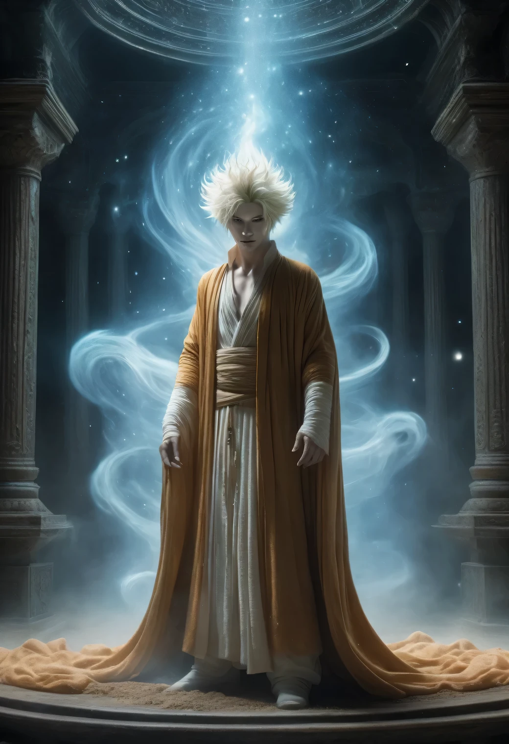 best quality,4k,8k,highres,masterpiece:1.2,ultra-detailed,realistic:1.37,HDR,UHD,ultra-fine painting,sharp focus,wide angle shot,dynamic pose,(A sandman, the God of dreams, inside his dreamlike palace, in the ethereal realm of dreams, surrounded by the mystical and ghostly dimensions.), (He is manipulating magical dust, creating illusions that transcend reality.), (His appearance features pale skin and wide, mesmerizing eyes.), (The artwork is inspired by a sci-fi aesthetic, with a dreamlike atmosphere reminiscent of Yoshitaka Amano's unique style.), (ghostly figures can be seen wandering in the background), (The colors are vivid and surreal, with a focus on mysterious lighting and rich hues.), (The image quality is of the highest standard, with an ultra-detailed and sharp focus to capture every intricate detail.), (The overall result is a masterpiece, showcasing the artist's skill in creating a mesmerizing portrayal of the Sandman and the dream realm.), sci-fi, Cinematic, Cinematic Shot