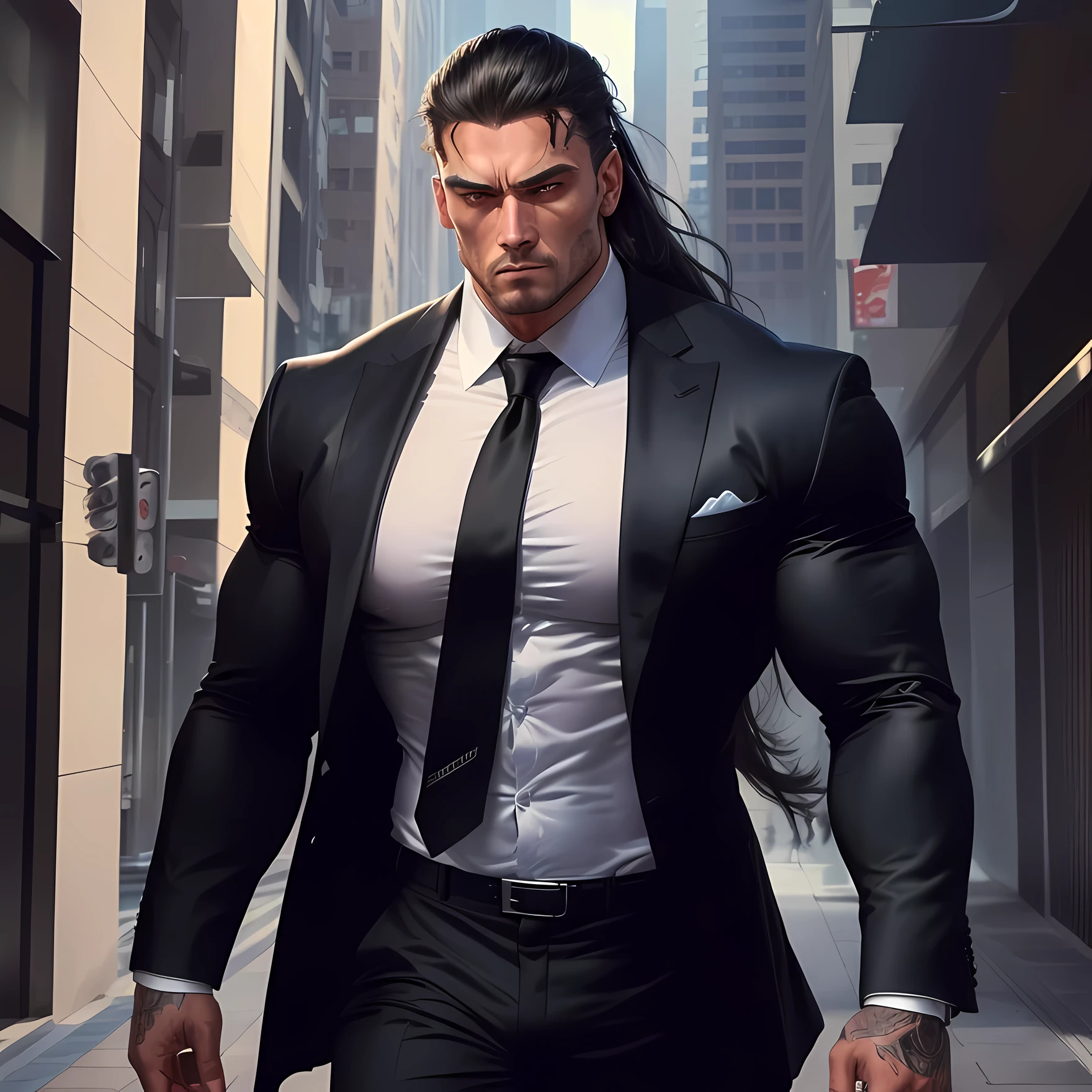 bodyguard, muscular, buff, black suit, buisness suit, long hair tied back, tattoos on hands and chest seen through his shirt, bodyguard, straight face, radio, chisled features, male, tall, taking off his tie, expressive eyes,
