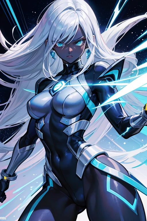 xmen97 cartoon, dark skin woman, portrait of ororo munroe, x-men storm, storm!, badass pose, handsome drow, female lightning genasi, afrofuturism anime, cyborg - black skin girl with silver hair, x-woman storm