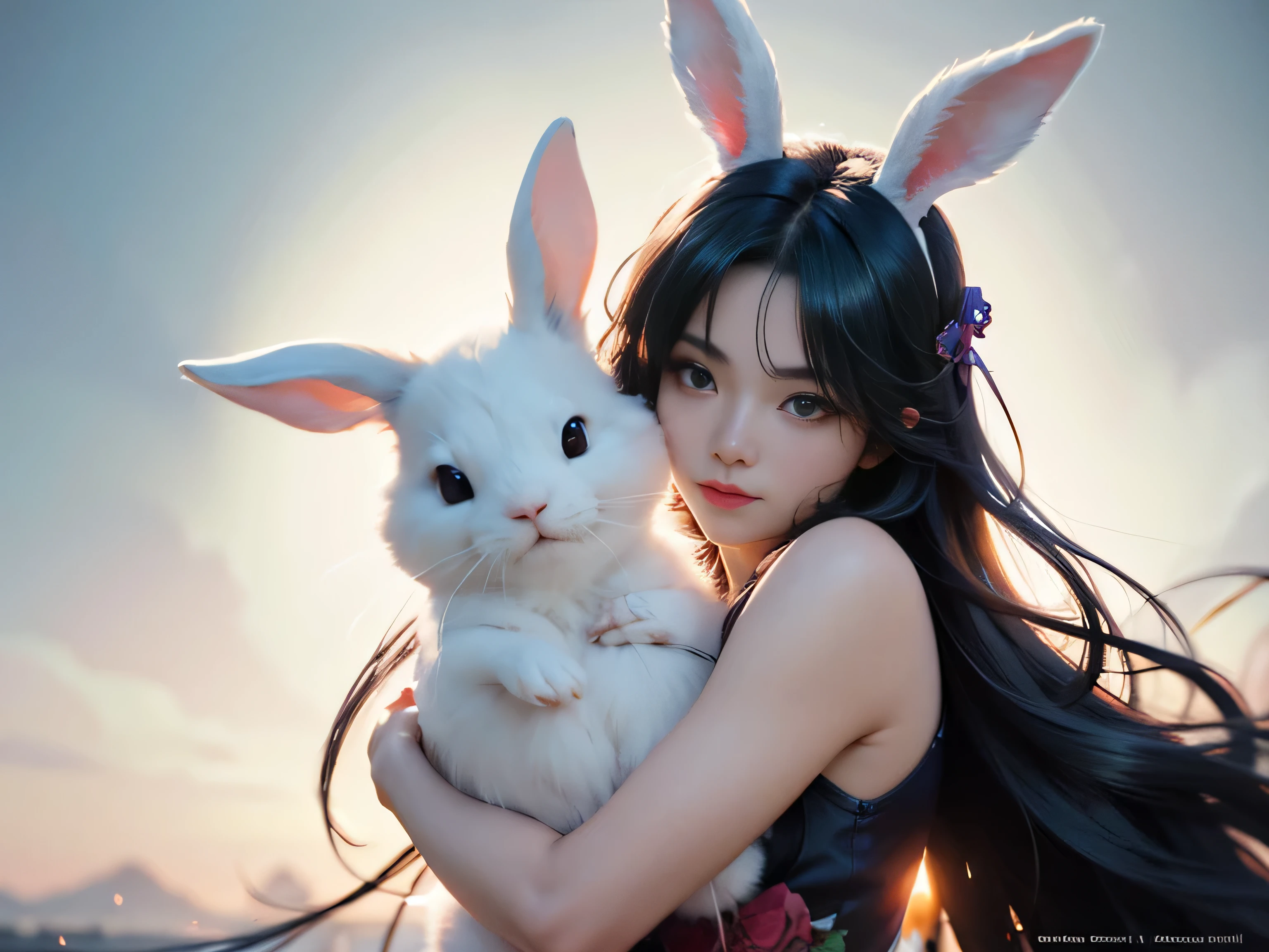 anime girl with bunny ears holding a white rabbit in her arms, artist artgerm i and wlop, art of wlop, wlop and ross tran, artgerm and wlop, artgerm. anime illustration, art of wlop and greg rutkowski, neoartcore and charlie bowater, artgerm and rossdraws