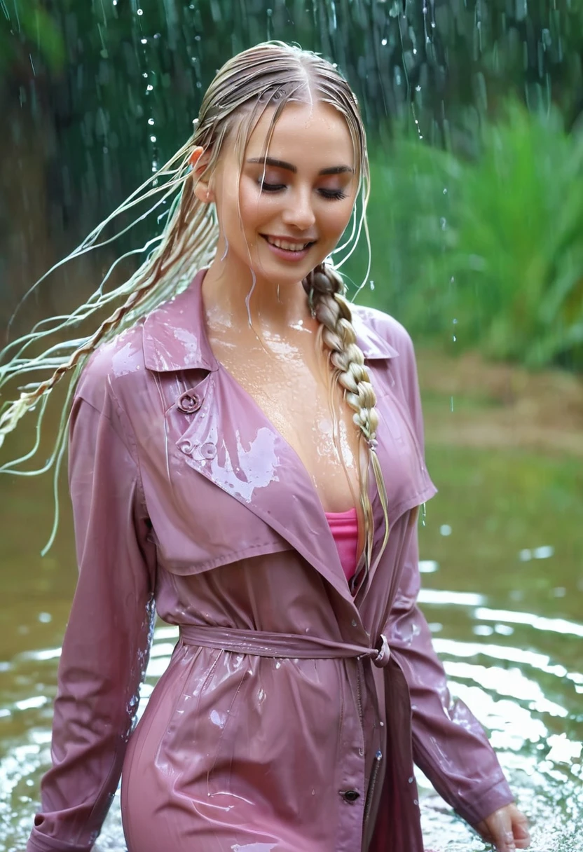 young woman, 27 years old,.She stands in a warm thermal spring. It is raining. She is standing in water up to her waist. She smiles with pleasure, savouring the warm water running over her long, wet, blonde, braidet hair, her clothes and her body. Beautifull, soft, lengthy face, big eyes,ful open lips, pink Summer dress, a belt intenses her wesp-taille. Over all wearing a blue, long Trench coat, Coat unbuttoned. (blonde, very long hair, two braids ) (dripping wet hair), clothes dripping wet,soaked, transparent, (seethru), stiff breasts, ((nipples)), braless, slim body.