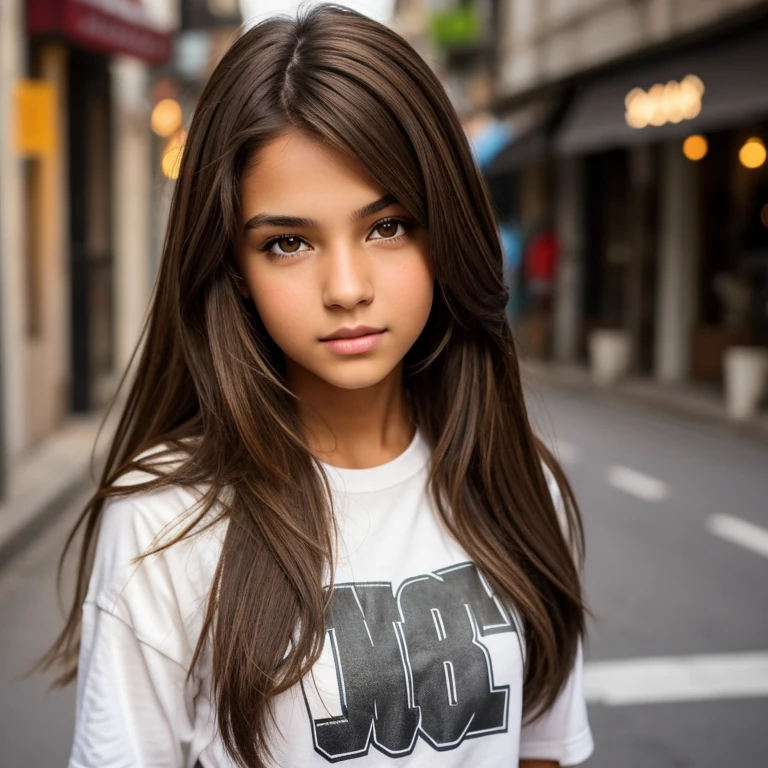 Girl, beautiful, teenager, brown hair, light brown eyes, hip hop clothing, with the face of actress Bela Fernandes,