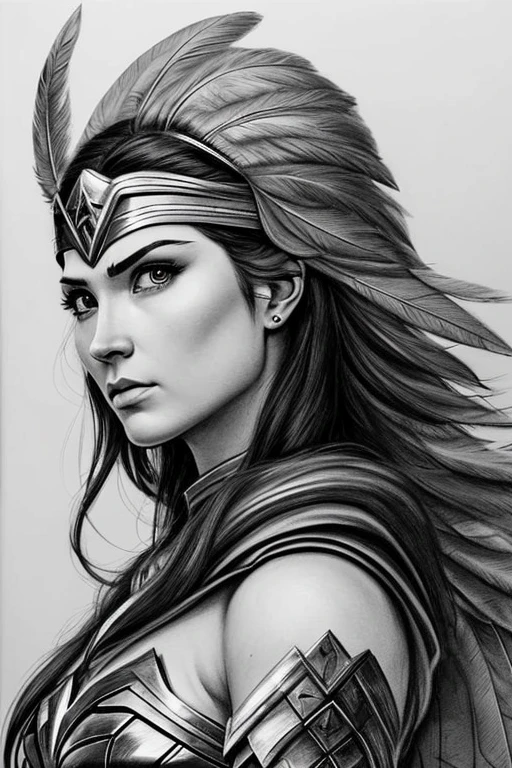 charcoal drawing, 4k, drawing of a woman with a helmet and feathers on her head, extremely detailed artgerm, drawn in the style of artgerm, Portrait of Artgerm, goddess. Extremely high detail, artgerm and rossdraws, artist artgerm i and wlop, modern darna portrait, warrior princess, wonder woman portrait