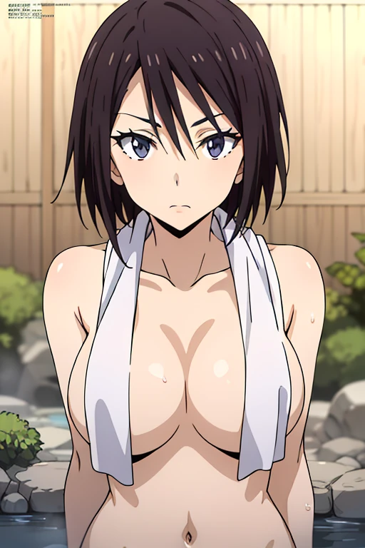 (anime cels style, Masterpiece, best quality, high resolution, anime colored, megami magazine:1.2, anime poster style, anime keyvisual, sharp, 8k, photorealistic), (beautiful eyes:1.5), sakaguchihinata\(ttigraas\), 1girl, cute, black hair, very short hair, large breast, cleavage, nude, (Towel over breasts:1.5), (upper body, sitting), (perfect detailed anatomy, perfect arms, perfect fingers, beautiful face, perfect body, shiny skin), onsen, wet