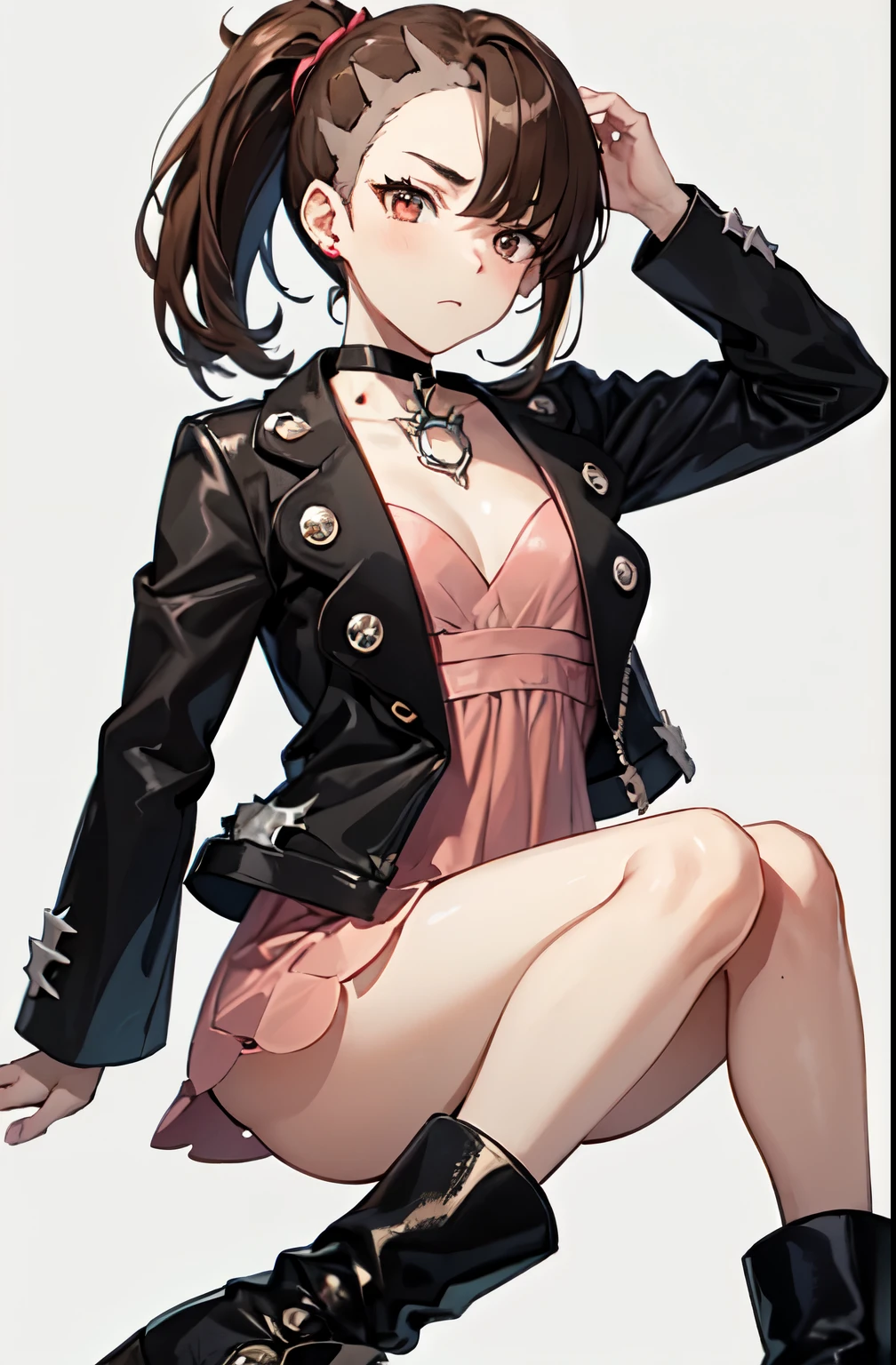 marnie_outfit, dress, pink dress, jacket, black jacket, open jacket, boots, ankle boots, black footwear, choker, black choker, collar,, absurdres, ultra detailed, masterpiece, best quality, aesthetic, detailed,, solo, frown,
1girl, red eyes, (tsurime:1.2), (brown hair:1.3), medium hair, (asymmetrical bangs, swept bangs, cowlick:1.35), flipped hair, foldedponytail, folded ponytail, (small breasts:1.3),