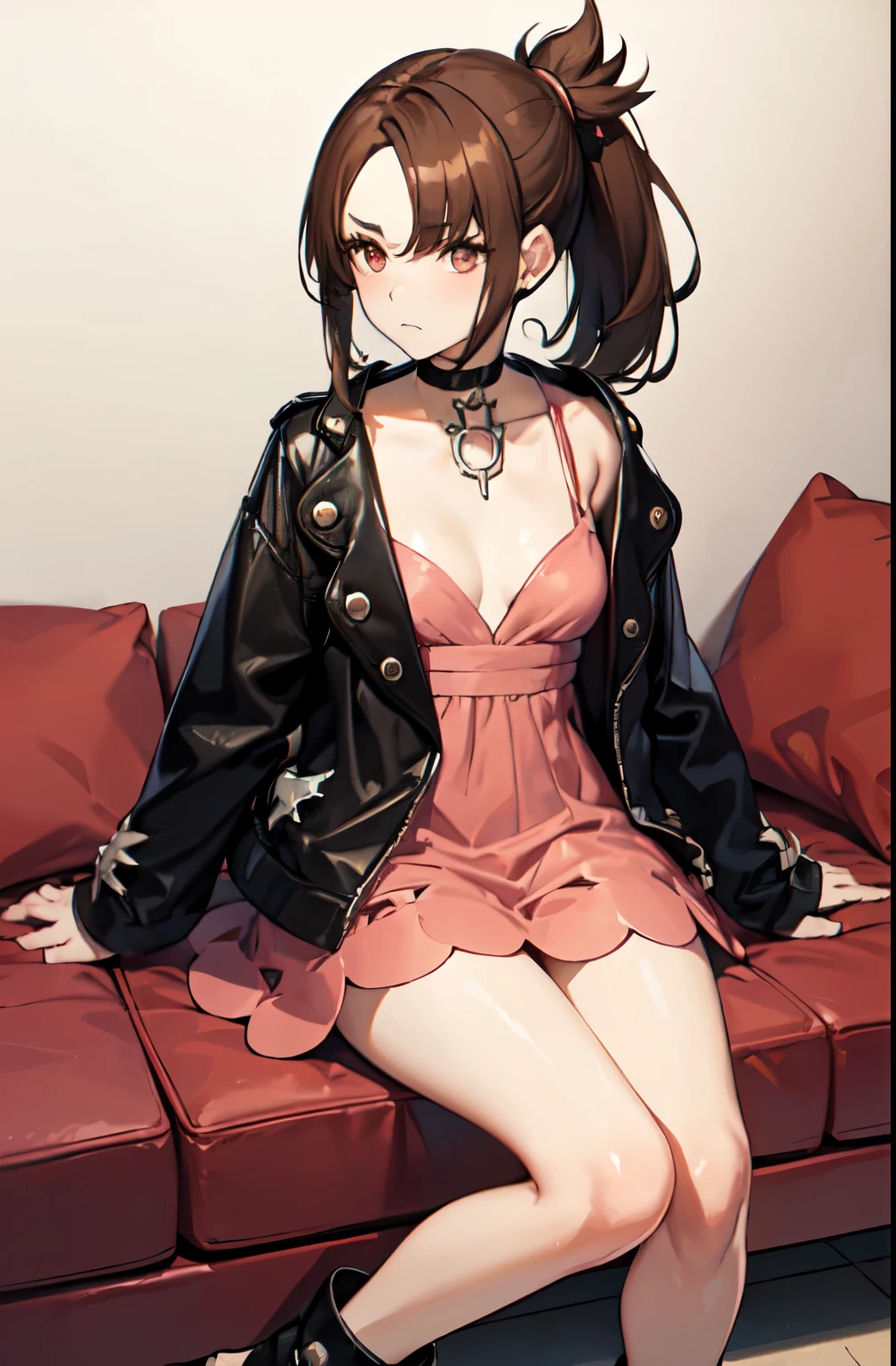 marnie_outfit, dress, pink dress, jacket, black jacket, open jacket, boots, ankle boots, black footwear, choker, black choker, collar,, absurdres, ultra detailed, masterpiece, best quality, aesthetic, detailed,, solo, frown,
1girl, red eyes, (tsurime:1.2), (brown hair:1.3), medium hair, (asymmetrical bangs, swept bangs, cowlick:1.35), flipped hair, foldedponytail, folded ponytail, (small breasts:1.3),