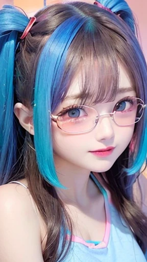 Small face、 (alone:1.5,)Very detailed,Bright colors, Very beautiful detailed anime faces and eyes, Look straight ahead, Shiny_skin,girl, (((Rainbow Hair, Colorful Hair, Half red、half blue hair: 1.2))), 、Shiny hair, Delicate beautiful face, blush、Glasses、(Turquoise Eyes), , Valletta, Earrings,、Flower Garden、Sunset、(((See-through、sexy、Satin camisole、Brown、,Translucent shirt)))、(Twin tails)、smile、Happy Face、face dyed red、Cheerful pose、dynamic、