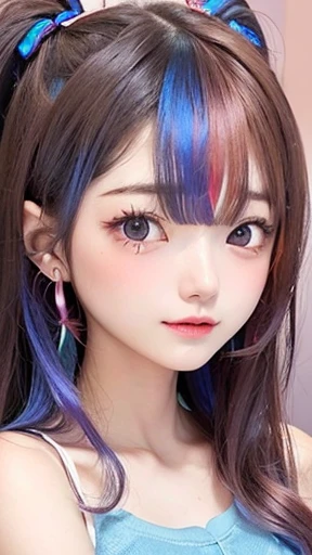 Small face、 (alone:1.5,)Very detailed,Bright colors, Very beautiful detailed anime faces and eyes, Look straight ahead,  Shiny_skin,girl, (((Rainbow Hair, Colorful Hair, Half red、half blue hair: 1.2))), 、Shiny hair, Delicate beautiful face, blush、Glasses、(Turquoise Eyes), , Valletta, Earrings,、Flower Garden、Sunset、(((See-through、sexy、Satin camisole、Brown、,Translucent shirt)))、（Twin tails）、smile、Happy Face、face dyed red、Cheerful pose、dynamic、