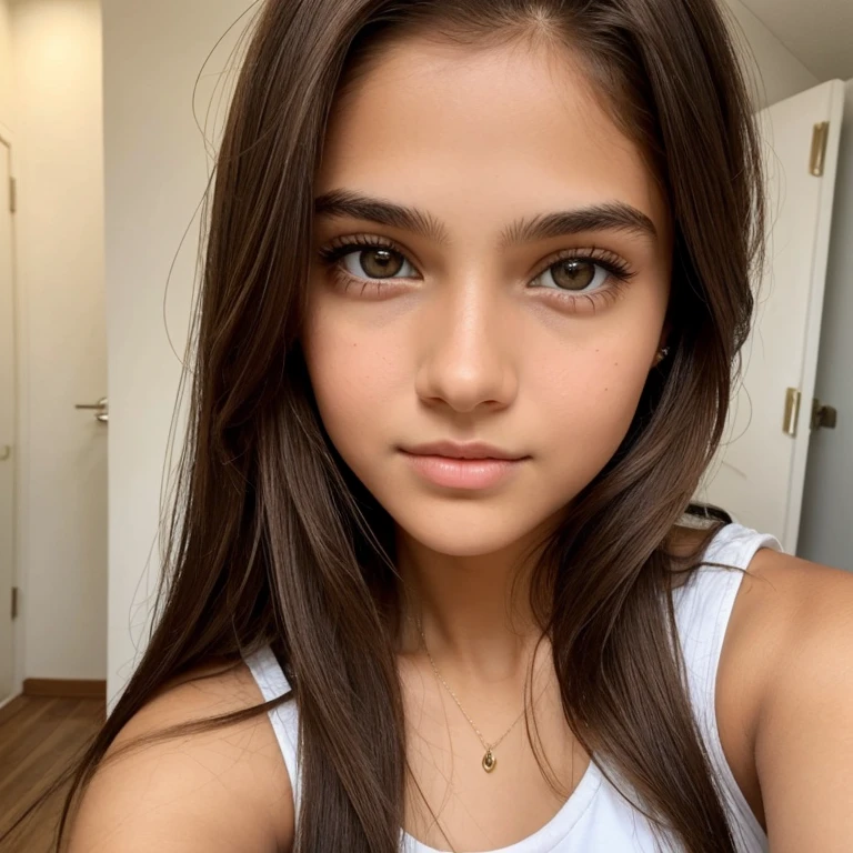 Girl, beautiful, ager, brown hair, light brown eyes, white cropped, shorts, with the face of actress Bela Fernandes, selfie