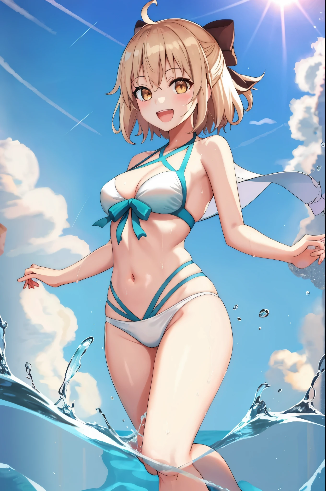 masterpiece, best quality,extremely detailed CG unity 8k wallpaper,
1girl,okita souji \(fate\), swimsuit,bikini,
smile,open_mouth,dancing,sunlight,splash_of_water,happy,gold_eyes,half_eyes,apart_legs,rising_knee,open_legs,covered_pussy,