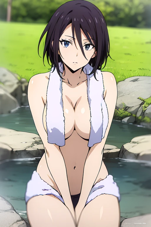 (anime cels style, Masterpiece, best quality, high resolution, anime colored, megami magazine:1.2, anime poster style, anime keyvisual, sharp, 8k, photorealistic), (beautiful eyes:1.5), sakaguchihinata\(ttigraas\), 1girl, cute, black hair, very short hair, large breast, nude, (Towel over breasts:1.5), (cowboy shot, sitting), (perfect detailed anatomy, perfect arms, perfect fingers, beautiful face, perfect body, shiny skin), onsen, wet