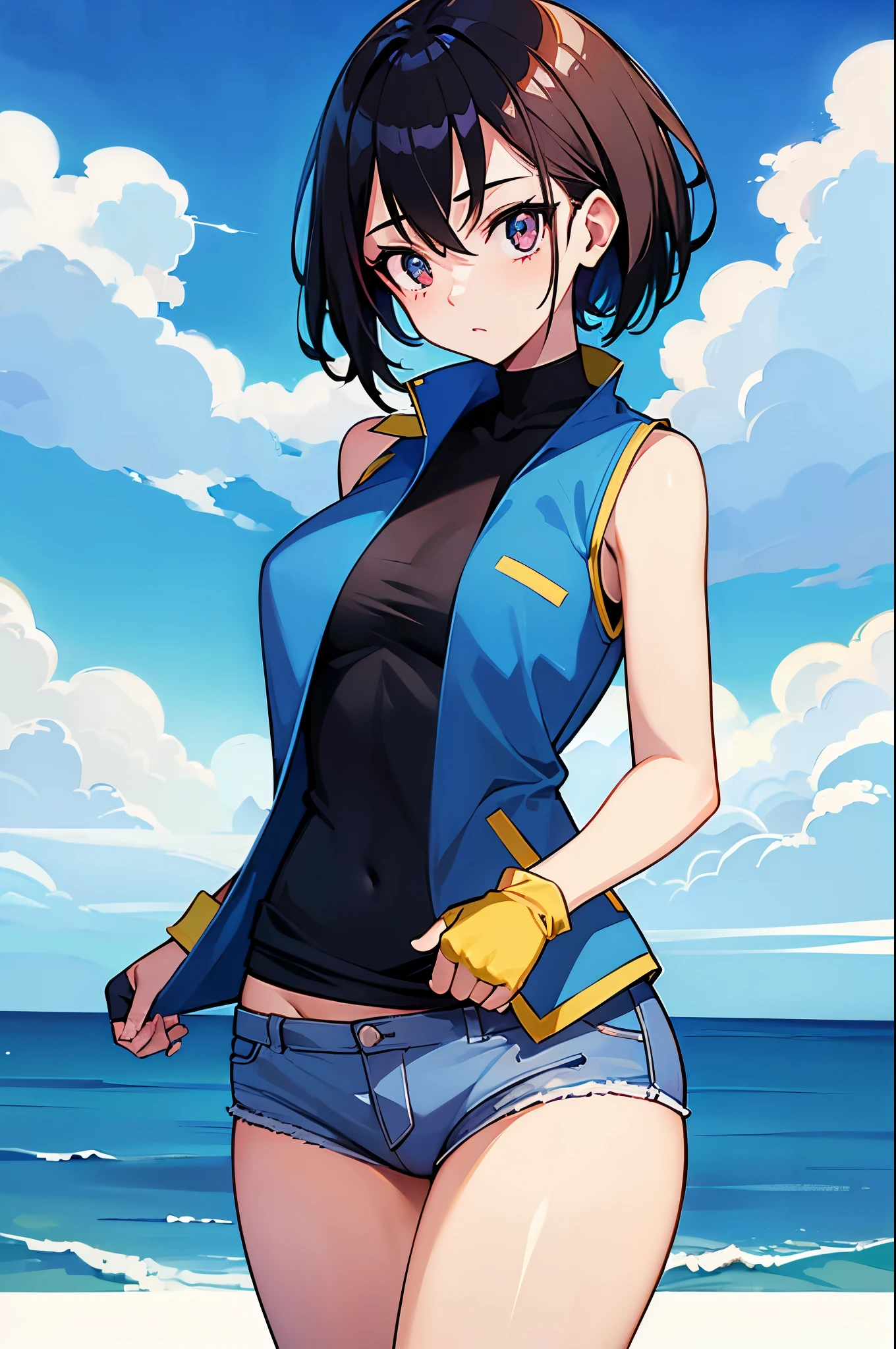 (masterpiece, best quality:1.2), expressive eyes, perfect face, highres, 1girl, solo, (female:1.5), OGAshK, blue jacket, sleeveless jacket, shirt, short sleeves, pants, fingerlss gloves, standing, upper body, looking at the viewer
