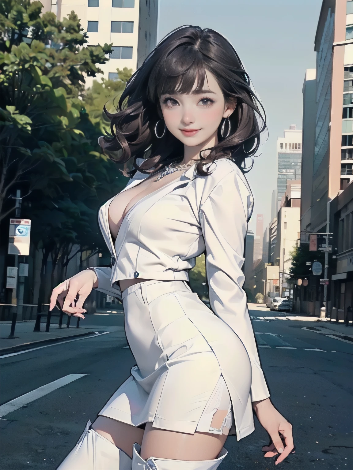 ((((highest quality))))、(((Ultra-precision CG16K wallpaper)))、(((masterpiece)))、(((Super detailed)))、(((Extreme detail)))、((1Mature 24 year old woman:1.3))、((Very beautiful Japanese faces))、((Shiraishi Mai:1.3))、((Soft Wave Medium Hair、blunt bangs:1.5))、(Shiny brown hair)、Beautiful delicate eyes、eyeliner、eye shadow、Brown eyes、High nose、Small nostrils、Small Mouth、Seductive lips、Beautiful breasts、((C cup size breasts))、Cleavage、Voluptuous body、Perfect proportions、Perfect Anatomy、Perfect composition、Beautiful detailed shading、Beautiful, natural lighting、Beautiful detail glow、Depth of written boundary、(((High chroma)))、(((Real:1.9)))、((vivid:1.5))、((Beautiful Skin))、((Skin Texture))、((Realな皮膚感))、(((Cowboy Shot:1.6)))、((Front view、Front low angle:1.5))、((Shy laugh:1.3))、(The woman is facing this way:1.5)、Bright daylight、Natural light、(((Road with skyscrapers in view、street tree:1.3)))、(Walking pose:1.5)、(((White business suit、White slit miniskirt clothing:1.6)))、((Earrings、Wearing a necklace:1.3))、(((Wearing white knee-high boots:1.6)))、