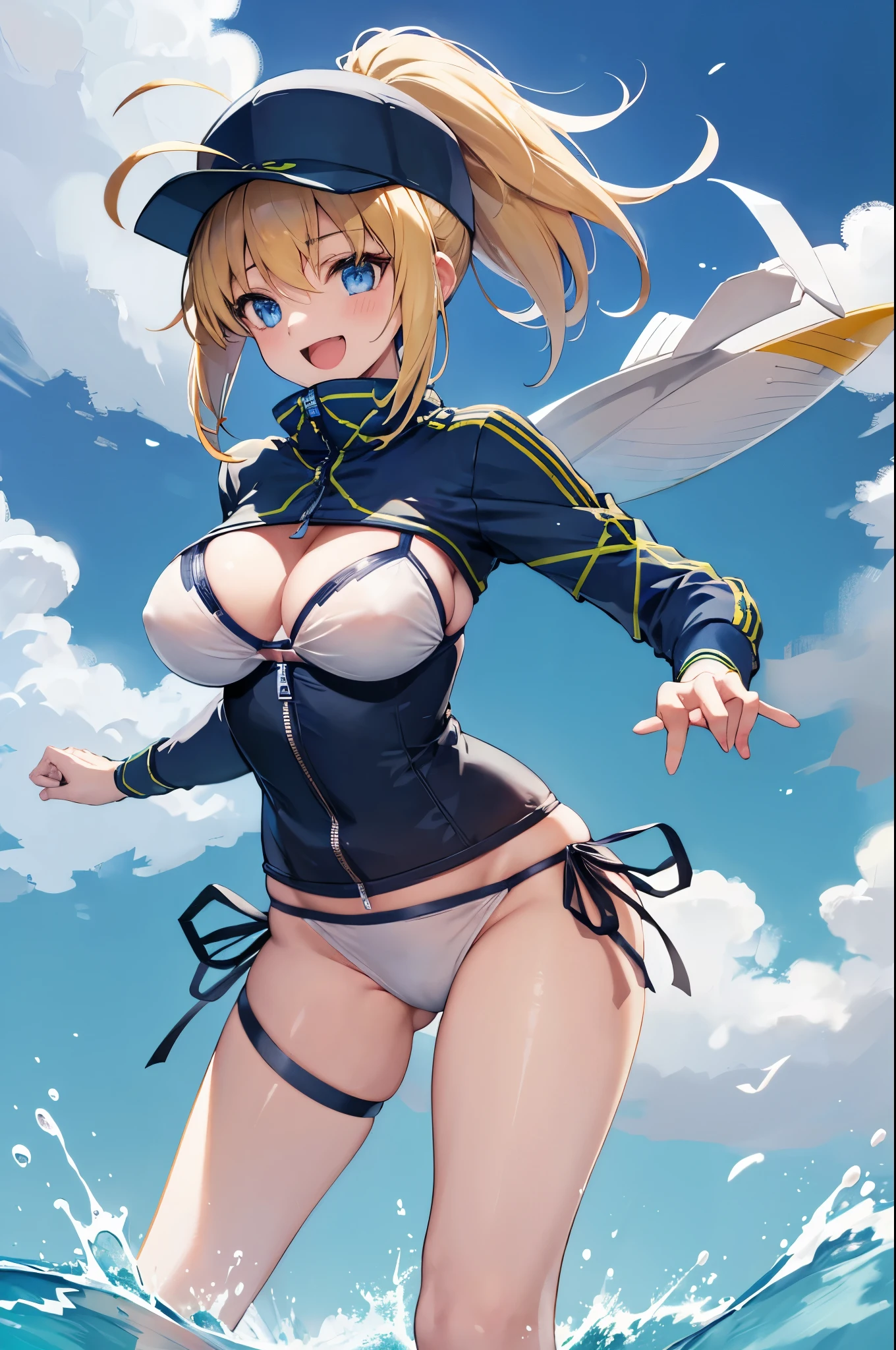 masterpiece,(ultra-detailed),1girl, mysterious heroine xx \(fate\), half_eyes,smile,open mouth, swimsuit, white bikini, side-tie bikini bottom, shrug \(clothing\), jacket,  thigh strap, wristband,  large_breasts, ocean, splashing,blonde_ponytail,open_legs,cap,happiness,standing,