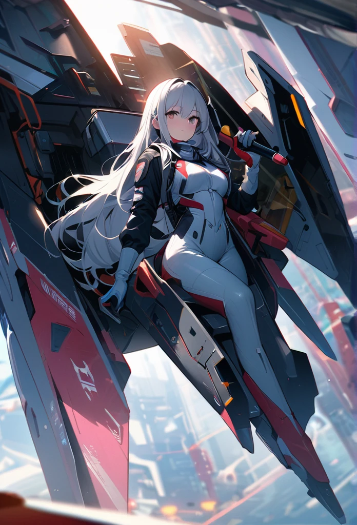 High quality, high definition images, full HD、
8k.1 girl( white long hair),Futuristic fighter pilot,black and white pilot suit,Inside the cockpit of a fighter jet The canopy is up,Maintenance staff Many, holding the control stick and looking at the instruments in front of him.Put the helmet on your back