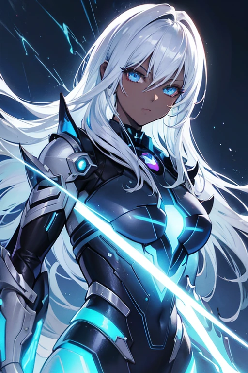 (high-quality, realistic, detailed, vibrant colors),artistic portrait,media:anime,[cyborg],characteristics:dark skin,[long silver hair],pose:badass,[handsome drow],female,[lightning genasi],atmosphere:afrofuturism,luminous lighting