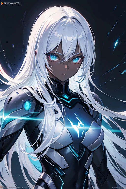 (high-quality, realistic, detailed, vibrant colors),artistic portrait,media:anime,[cyborg],characteristics:dark skin,[long silver hair],pose:badass,[handsome drow],female,[lightning genasi],atmosphere:afrofuturism,luminous lighting