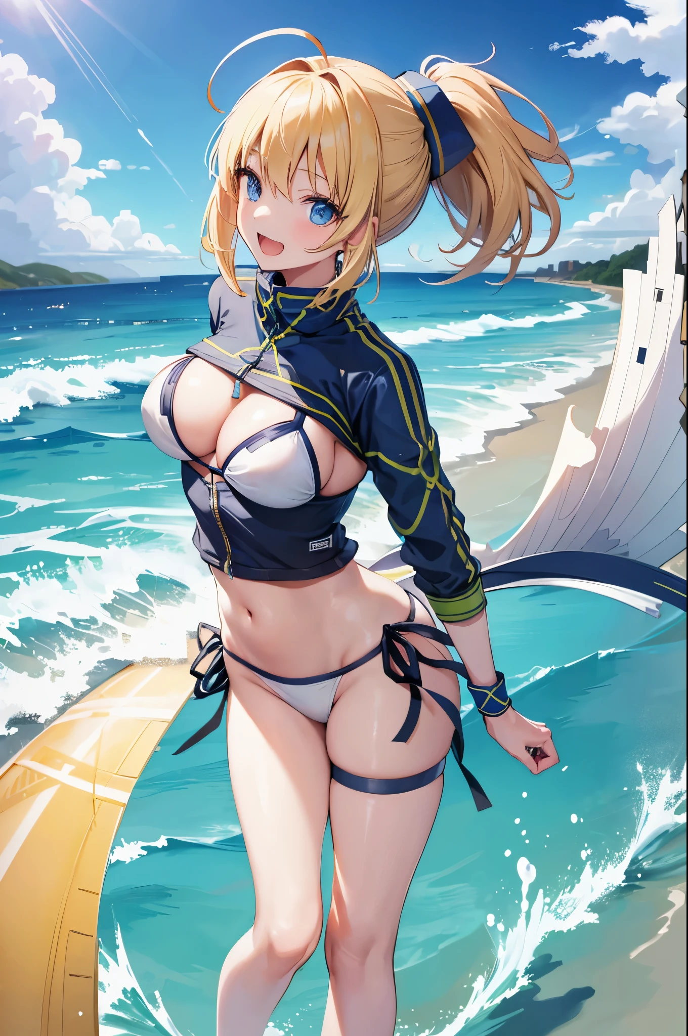masterpiece,(ultra-detailed),1girl, mysterious heroine xx \(fate\), half_eyes,smile,open mouth, swimsuit, white bikini, side-tie bikini bottom, shrug \(clothing\), jacket, thigh strap, wristband, large_breasts, ocean, splashing,blonde_ponytail,open_legs,cap,happiness,standing,
