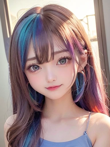 Small face、 (alone:1.5,)Very detailed,Bright colors, Very beautiful detailed anime faces and eyes, Look straight ahead, Shiny_skin,girl, (((Rainbow Hair, Colorful Hair, Half red、half blue hair: 1.2))), 、Shiny hair, Delicate beautiful face, blush、Glasses、(Turquoise Eyes), , Valletta, Earrings,、Flower Garden、Sunset、(((See-through、sexy、Satin camisole、Brown、,Translucent shirt)))、(Twin tails)、smile、Happy Face、face dyed red、Cheerful pose、dynamic、