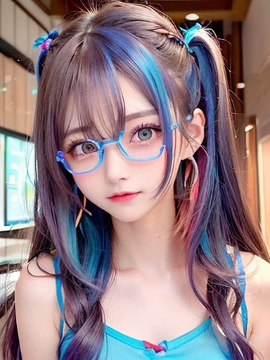 Small face、 (alone:1.5,)Very detailed,Bright colors, Very beautiful detailed anime faces and eyes, Look straight ahead, Shiny_skin,girl, (((Rainbow Hair, Colorful Hair, Half red、half blue hair: 1.2))), 、Shiny hair, Delicate beautiful face, blush、Glasses、(Turquoise Eyes), , Valletta, Earrings,、Flower Garden、Sunset、(((See-through、sexy、Satin camisole、Brown、,Translucent shirt)))、(Twin tails)、smile、Happy Face、face dyed red、Cheerful pose、dynamic、
