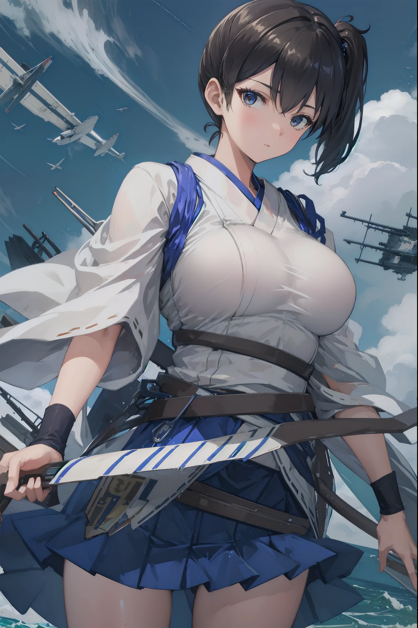 Kaga(Fleet Collection),highest quality, masterpiece, High resolution,kimono,blue skirt,side ponytail,big_breasts,large_thighs,thigh-highs,plump,hold_Japanese_bow,(angry:0.7)