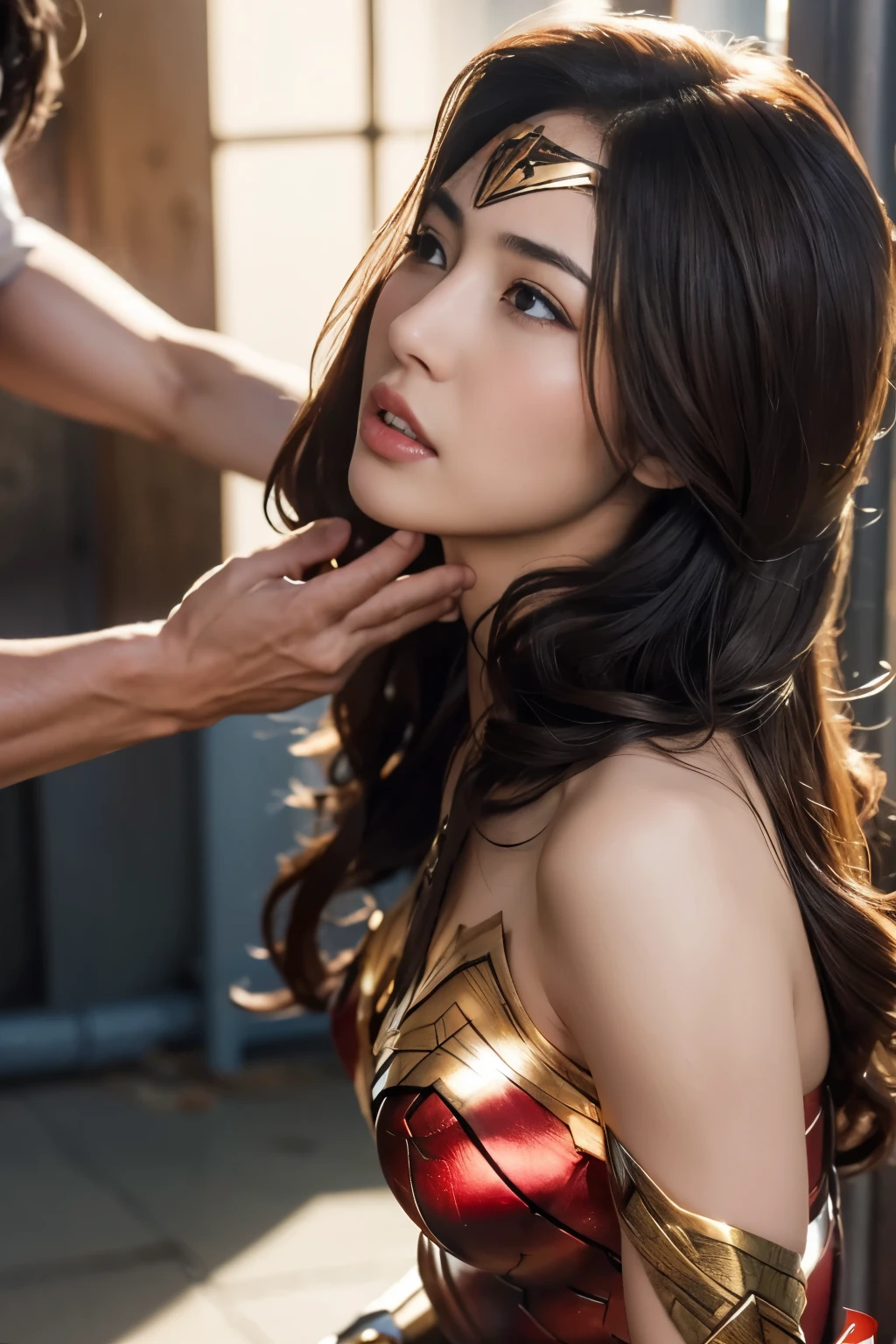 From the side,perfect wonder woman costume,Get on all fours,sleeping face,Close ~ eyes,Open your mouth,Tired face,Face of Suffering,sky face,sleeping face,Fight with the men,Surrounded by men,,caught between men,obsessed with men,Entanglement with men, Attacked by men,assaulted by men,Being bullied by a man,Sexually abused by a man,Captured by a man,Being restrained by a man、touch your face,、Hair is pulled hard,My head is grabbed,licked my hair,lick my face,brown hair,  masterpiece、beautiful girl、fine 目、puffy eyes、highest quality, 超High resolution, (reality: 1.4), Cinema Lighting,so beautiful、Beautiful Skin、(超reality的な)、(High resolution)、(8k)、(Very detailed)、(beautiful and fine 目)、(Very detailed)、 Detailed face、slanted bangeshi hair、brown hair、20-year-old、Wonder Woman Cosplay，Wonder Woman&#39;s Tiara