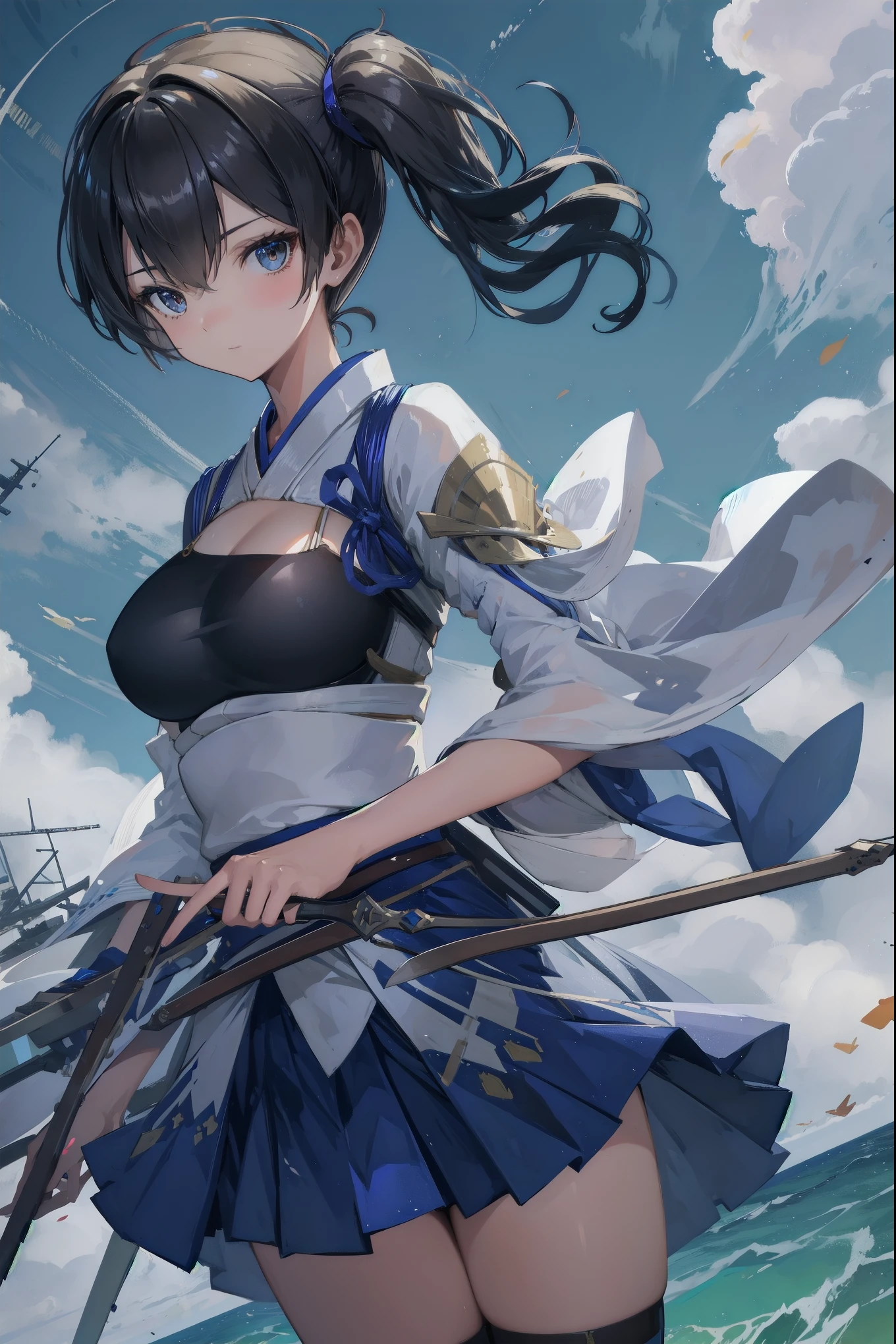 Kaga(Fleet Collection),highest quality, masterpiece, High resolution,kimono,blue skirt,side ponytail,big_breasts,