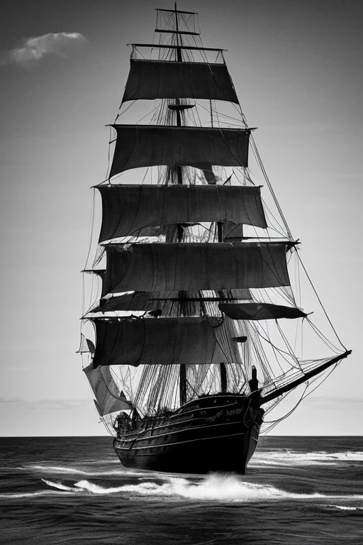 charcoal drawing, 4k, a black and white photo of a ship in the ocean, old pirate ship, pirate ship, galleon, an impossibly huge pirate ship, gothic ship in the ocean, sailing ship, ships with sails, sails, on a pirate ship background, the Flying Dutchman, pirate ship, torn sails, by Patrick Pietropoli, sails and masts and rigging