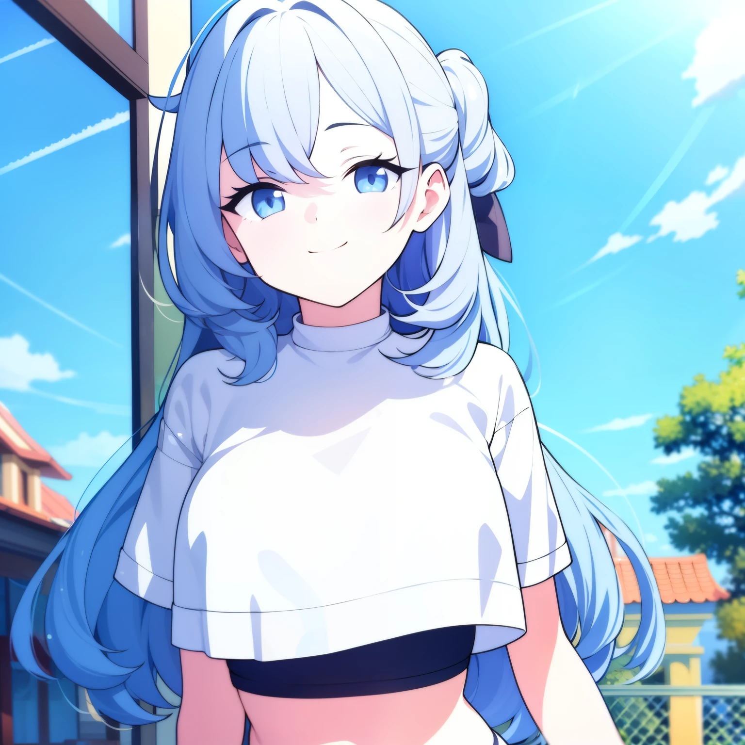 masterpiece, best quality, 1girl, empty eyes, utsurome, hot white crop top, busty, smile