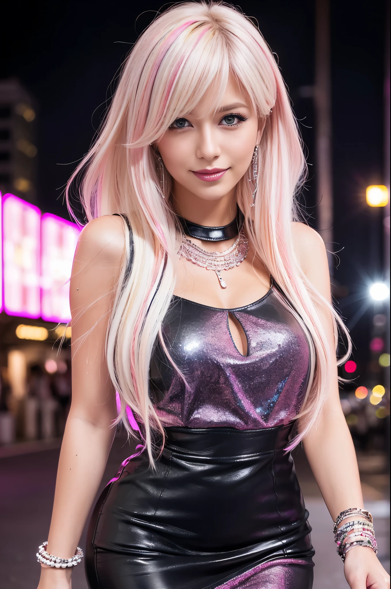 beautiful woman, beautiful smile, lipgloss, dramatic makeup, closeup photo, (sparkling large necklace), (sparkling large bracelets), night scene, sparkling neon street background, gyaru, (((medium platinum blonde hair with dark pink highlights))), ((business style dark grey with dark pink leather dress)), sweet and sexy, seductive look