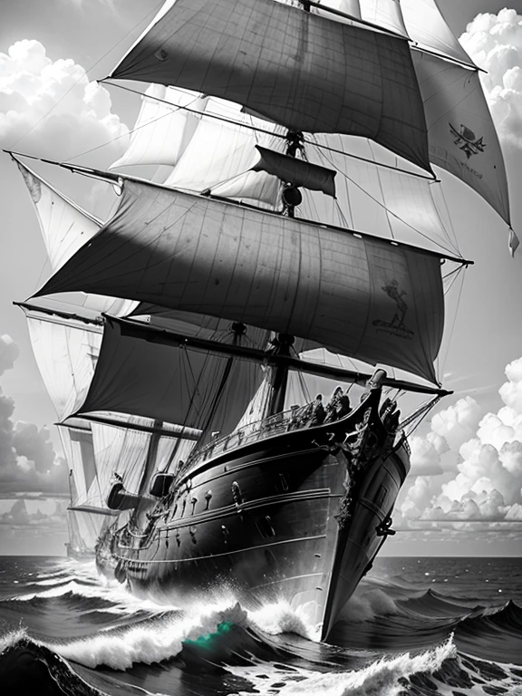 charcoal drawing, 4k, a black and white photo of a ship in the ocean, old pirate ship, pirate ship, galleon, an impossibly huge pirate ship, gothic ship in the ocean, sailing ship, ships with sails, sails, on a pirate ship background, the Flying Dutchman, pirate ship, torn sails, by Patrick Pietropoli, sails and masts and rigging