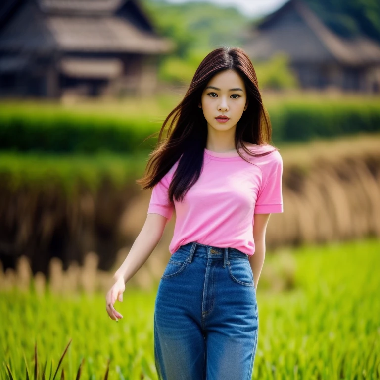 Best picture quality, Masterpiece, Ultra high resolution 8K, Asian girl wears old ripped jeans and a tight pink shirt., Long hair blows up in the wind., Looking straight at the action with a seductive expression., Countryside, rice fields, old thatched huts, shabby,nature sunlight shines brightly,.. Picture clarity 8k, Taken with a high quality camera 45,000,000 pixels realistic,)