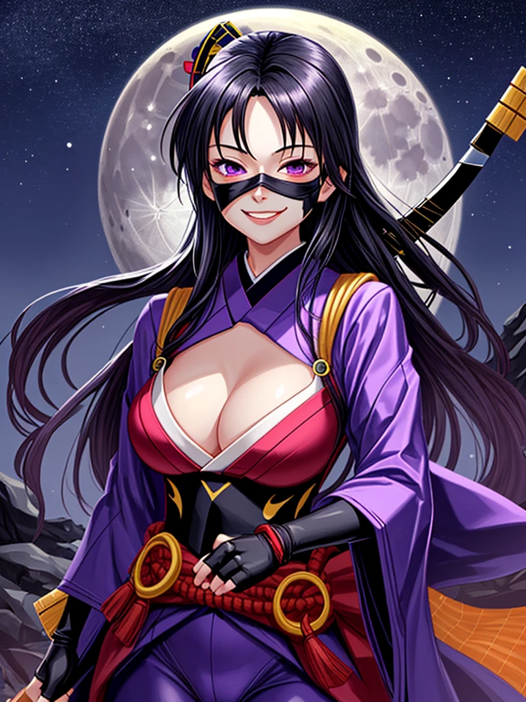 1girl, long hair, breasts, smile, large breasts, black hair, gloves, 1boy, cleavage, purple eyes, weapon, comic, japanese clothes, sky, fingerless gloves, kimono, speech bubble, bodysuit, mask, night, scar, moon, night sky, scar on face, age difference, mouth mask, ninja, crescent moon, ninja mask