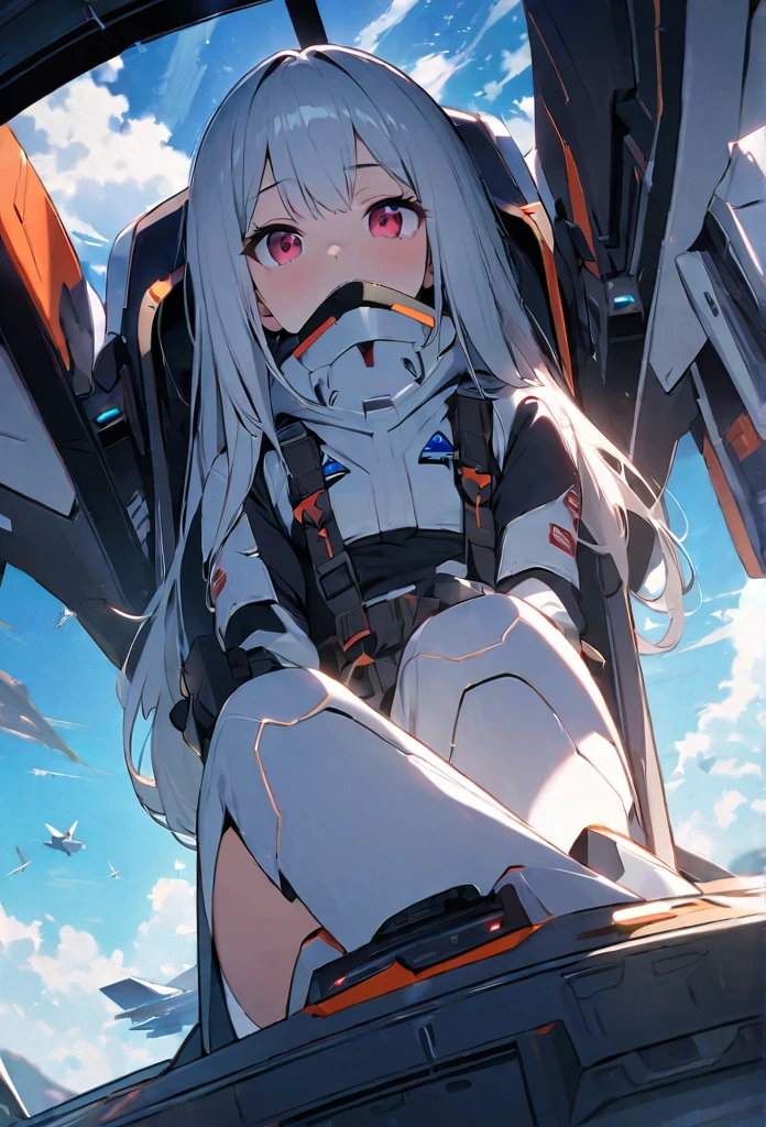 High quality, high definition images, full HD、
8k.1 girl( white long hair),Futuristic fighter pilot,black and white pilot suit,Inside the cockpit of a fighter jet The canopy is up,Maintenance staff Many, holding the control stick and looking at the instruments in front of him.