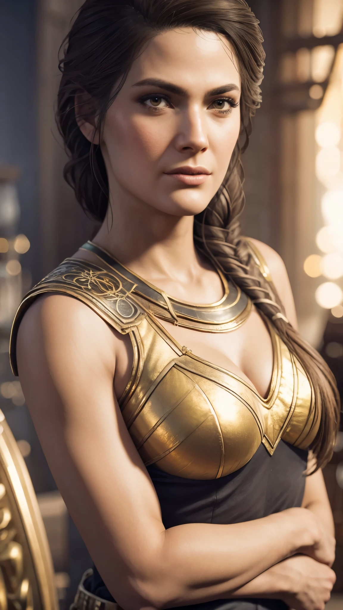 (best quality,4k,8k,highres,masterpiece:1.2),ultra-detailed,(realistic,photorealistic,photo-realistic:1.37),HDR,physically-based rendering,professional,vivid colors,Kassandra Assassin's Creed,beautiful detailed lips,beautiful detailed eyes,long eyelashes,extremely detailed face,super detailed lighting, business outfit,seductive pose,  reading glasses. 