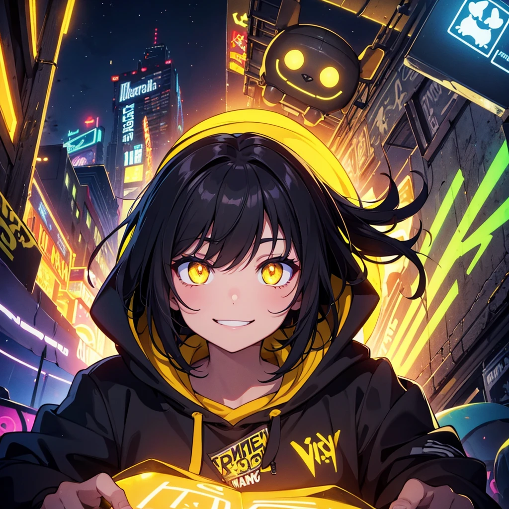 detailed background, masterpiece, best quality, smile, ornament, hoodie, portrait, yellow neon, graffiti, dark, night, glowing eyes, blacklight