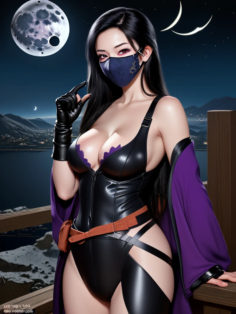 1girl, long hair, breasts, smile, large breasts, black hair, gloves, 1boy, cleavage, purple eyes, weapon, comic, japanese clothes, sky, fingerless gloves, kimono, speech bubble, bodysuit, mask, night, scar, moon, night sky, scar on face, age difference, mouth mask, ninja, crescent moon, ninja mask
