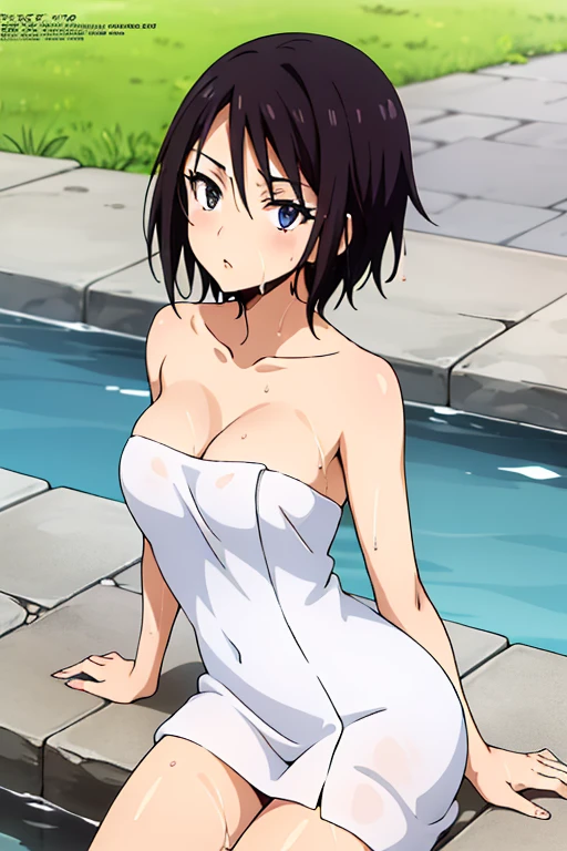 (anime cels style, Masterpiece, best quality, high resolution, anime colored, megami magazine:1.2, anime poster style, anime keyvisual, sharp, 8k, photorealistic), (beautiful eyes:1.5), sakaguchihinata\(ttigraas\), 1girl, cute, black hair, very short hair, large breast, cleavage, nude, (wet Naked towel:1.5), (cowboy shot, sitting), (perfect detailed anatomy, perfect arms, perfect fingers, beautiful face, perfect body, shiny skin), onsen, wet