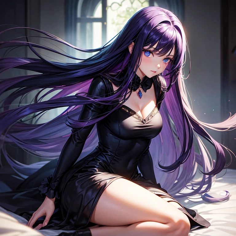 25-year-old woman, long dark purple hair, royal blue eyes, short black dress