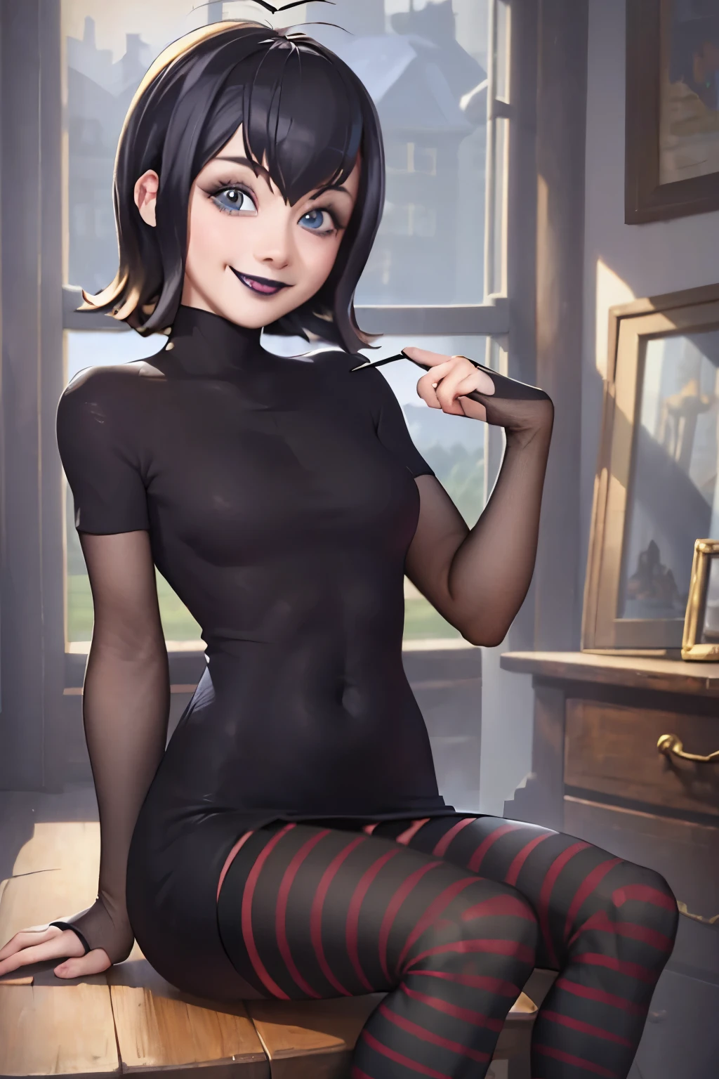 (masterpiece, best quality:1.2), solo, 1girl, mavis dracula, smile, looking at viewer, sitting, chair, black dress, striped thighhighs, black lipstick