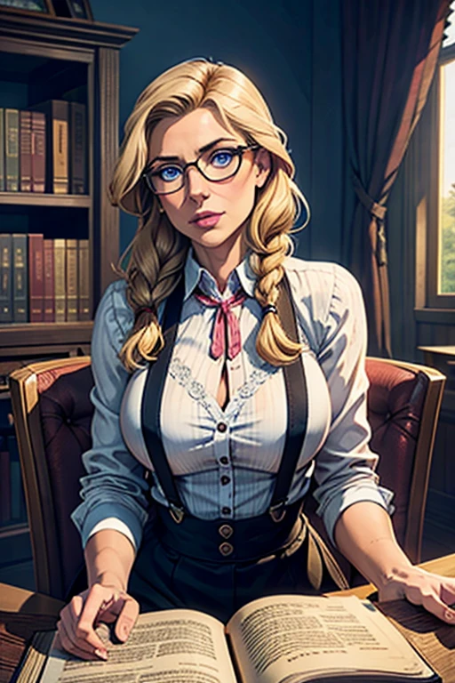 Alone, 1 girl[Gal Gadot:Maude Adams:0.4], artwork, Best quality, extremely detailed, cinematic lighting, intricate detail, high resolution, official art, beautiful face and finely detailed eyes, high resolution illustration, 8k, Intense dark shadows, overexposure, [blonde hair/ brown hair], single braid, blue eyes, glasses, presumptuous, sitting on chair, torso, large breasts, white shirts, yellow suspenders, book_pile, library, ((vine)), pink, looking at viewer