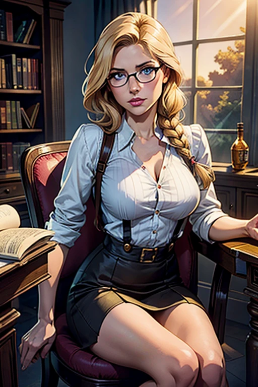 Alone, 1 girl[Gal Gadot:Maude Adams:0.4], artwork, Best quality, extremely detailed, cinematic lighting, intricate detail, high resolution, official art, beautiful face and finely detailed eyes, high resolution illustration, 8k, Intense dark shadows, overexposure, [blonde hair/ brown hair], single braid, blue eyes, glasses, presumptuous, sitting on chair, torso, large breasts, white shirts, yellow suspenders, book_pile, library, ((vine)), pink, looking at viewer