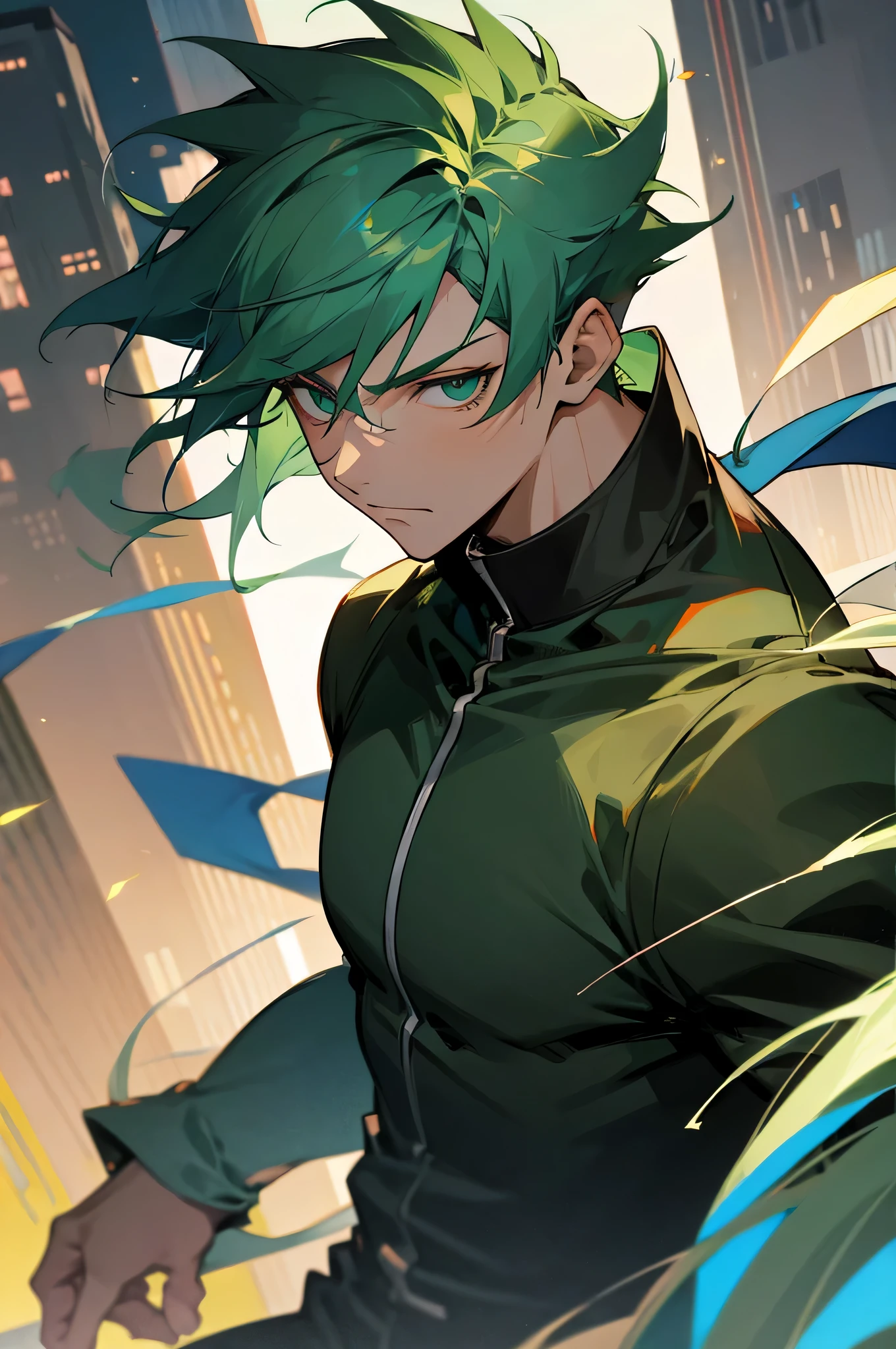 male green hair , , city background, powers