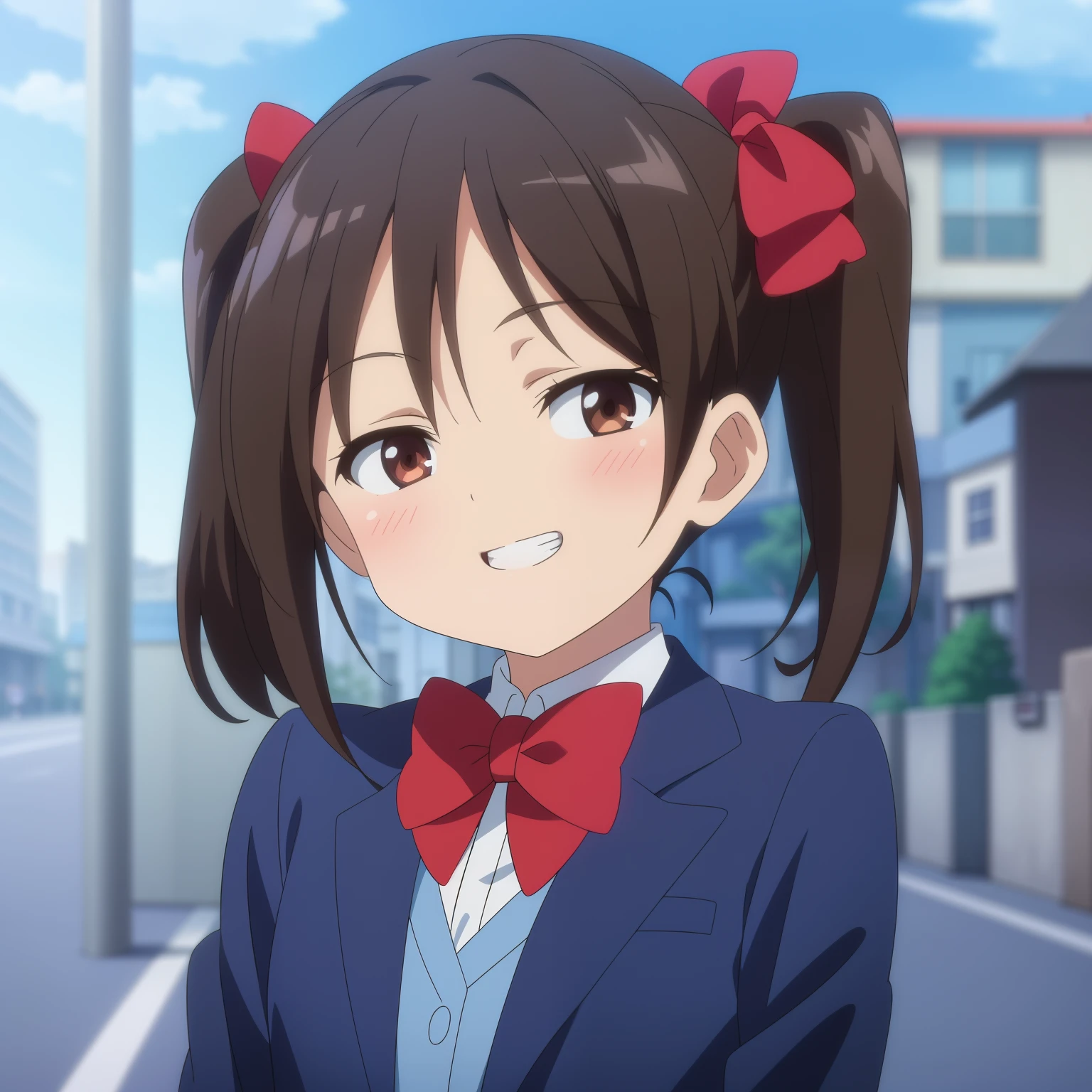 high quality, masterpiece. Tsandere girl. clothing blue jacket. red bow. dark hair. grin. Closed eyes. Hair ponytail. Brown eyes. against the background of the street.
