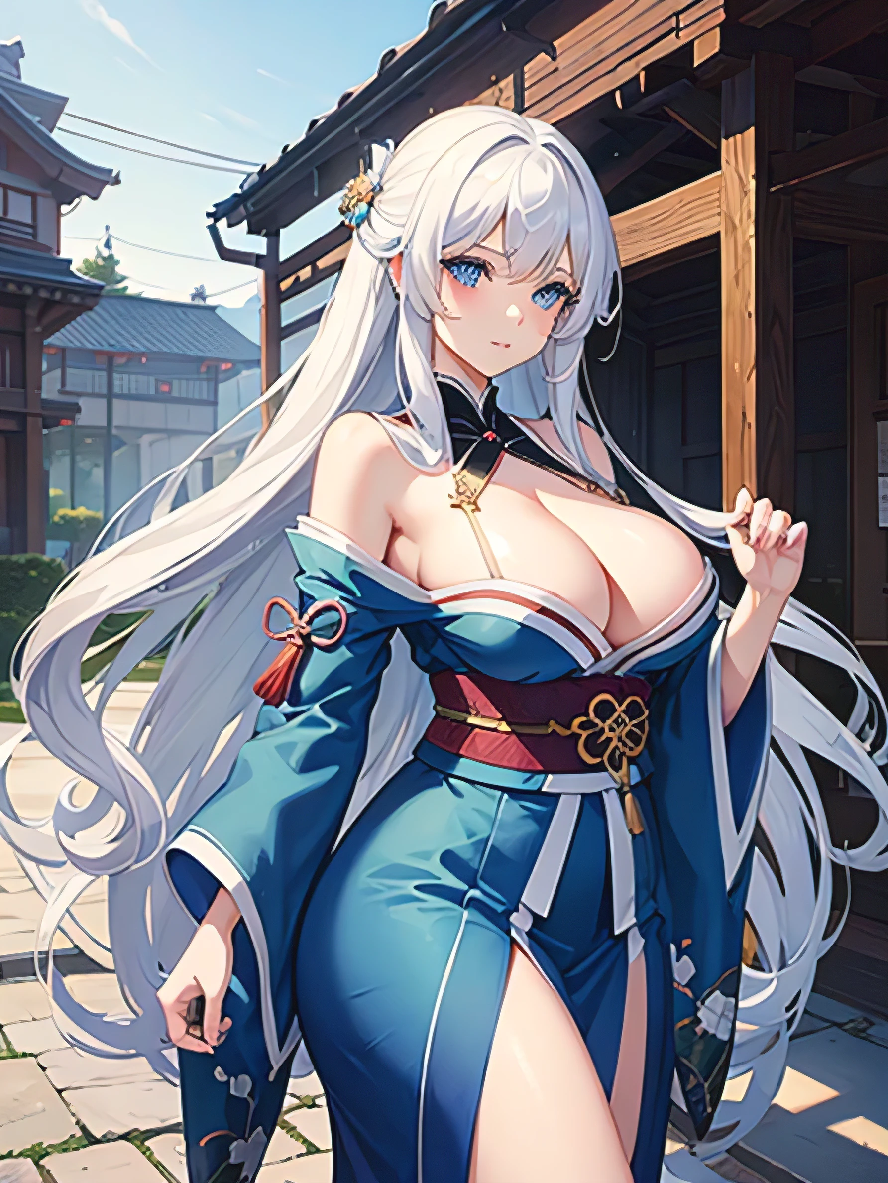 Woman with white curly hair, blue eyes, open kimono, and large breasts anime
