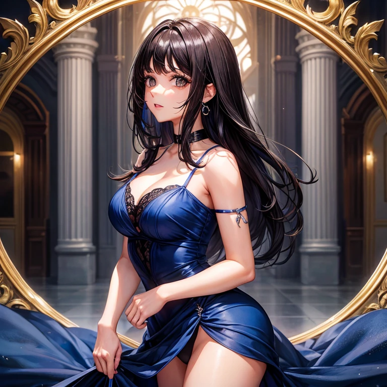 25 year old woman, cabello negro, corto ondulado, dark brown eyes, vestido azul corto