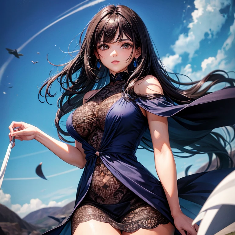 (((masterpiece))),(((Highest quality))),((Very detailed)),(figure),(Dynamic Angle), ((floating)),(paint),((Disheveled Hair)), (alone),(((The skirt is flipped up and the underwear is visible))), ((Girl in black coat)), (((Detailed anima face))),((Beautifully detailed body)),collar,Exposing shoulders,(((Mysterious and shining blue eyes)))Gray Hair, ((Colorful Hair)),((Striped Hair)), Beautiful attention to detail,(Gradient color eyes),(((Colorful eyes))), (((background))),(((High saturation))),(((Surrounded by colorful splashes))),(((Standing in front of the cherry blossoms in the night scenery))),,((Holding a sword))