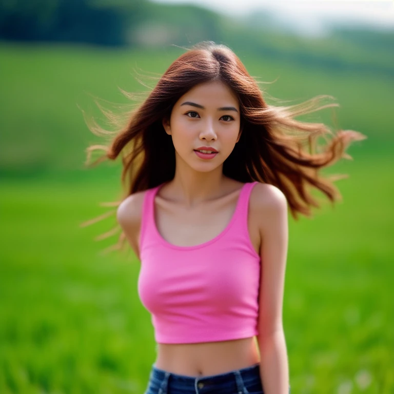Best picture quality, Masterpiece, Ultra high resolution 8K, Asian girl wearing old ripped jeans and a tight pink tank top., Long hair blows up in the wind., Looking straight at the action with various seductive poses., countryside rice fields,nature sunlight shines brightly,.. Picture clarity 8k, Taken with a high quality camera 45,000,000 pixels realistic,)