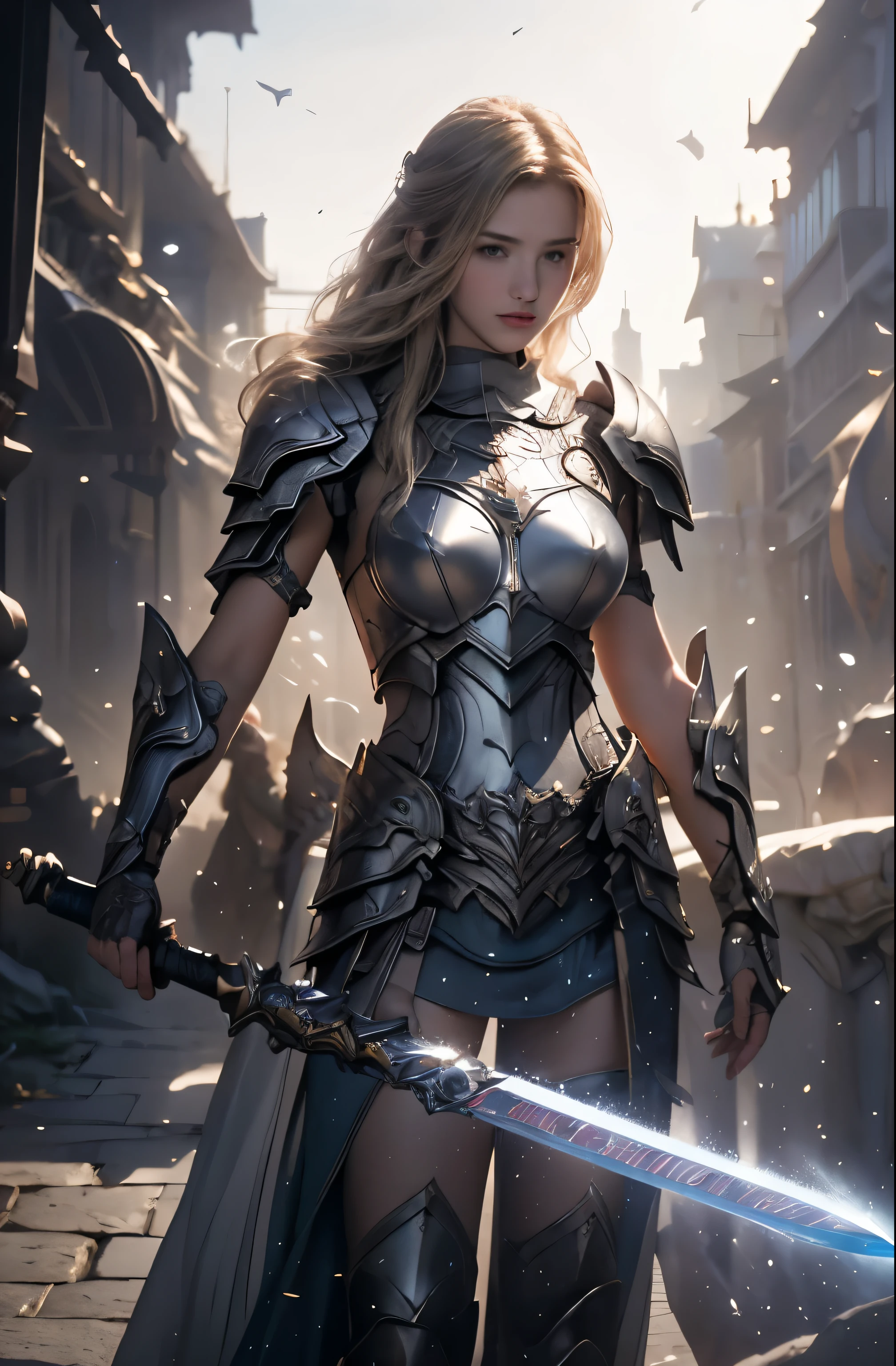 ((Super realistic photo)) ((super realistic photography)), (realistic) "Young paladin (17 years old) wielding a sword imbued with radiant light, emanating potent light magic. The scene is set in a dark and mysterious cityscape, illuminated by the glow of the paladin's sword. The composition is expertly crafted, with breathtaking attention to detail and cinematic lighting. The overall aesthetic is reminiscent of Fujifilm photography, capturing the beauty and depth of the scene. Super huge breast, small waist"